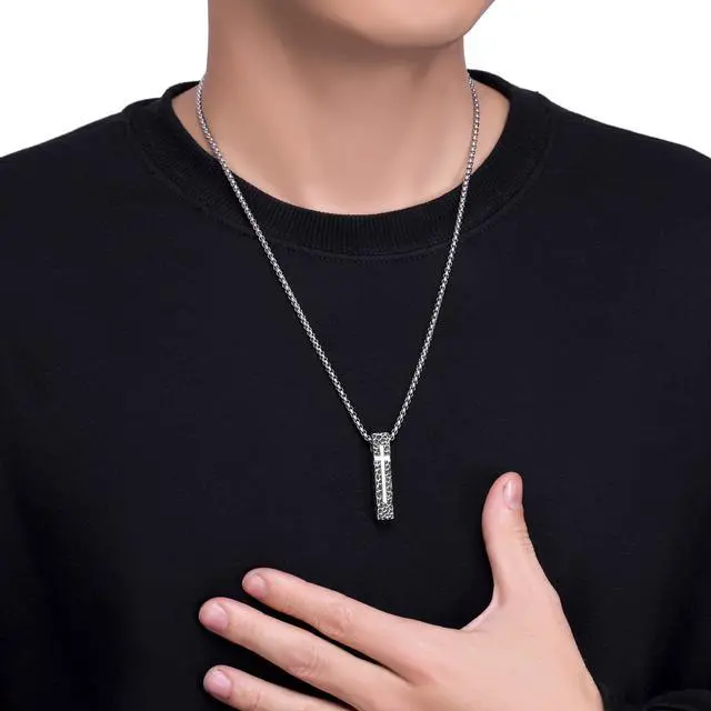 Alt view image 5 of 5 - Men Stainless Steel Cross Necklace Vertical Bar Pendant