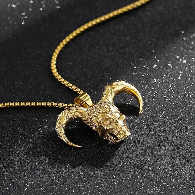Alt view image 5 of 5 - Men Gold Plated Stainless Steel Joker Skull Necklace Gothic Demon Jewelry