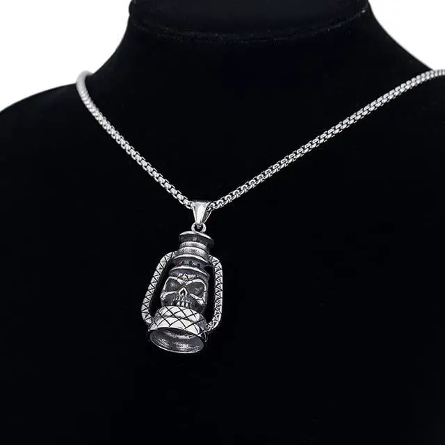 Alt view image 7 of 7 - Men Stainless Steel Skull Necklace Camping Lamp Shape Pendant Halloween Jewelry