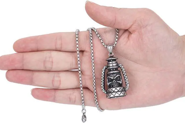 Alt view image 4 of 7 - Men Stainless Steel Skull Necklace Camping Lamp Shape Pendant Halloween Jewelry