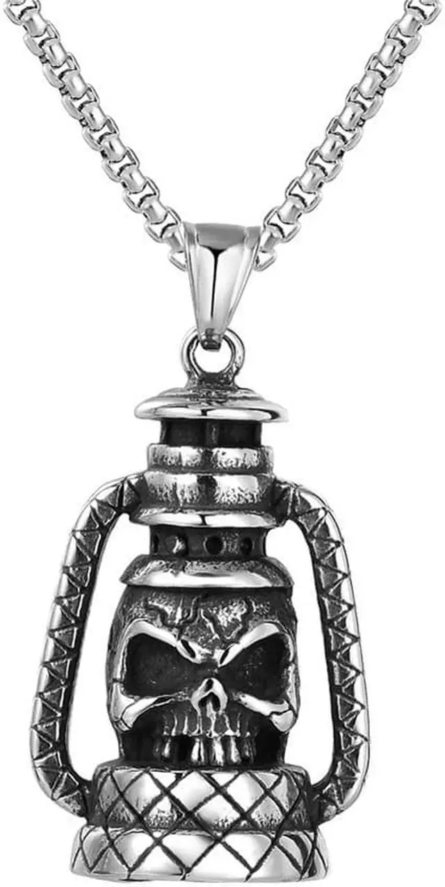 Main image of Men Stainless Steel Skull Necklace Camping Lamp Shape Pendant Halloween Jewelry
