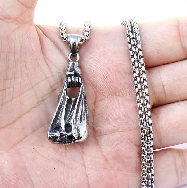 Alt view image 5 of 6 - Men Stainless Steel Hand Catching Skull Necklace Gothic Punk Biker Jewelry