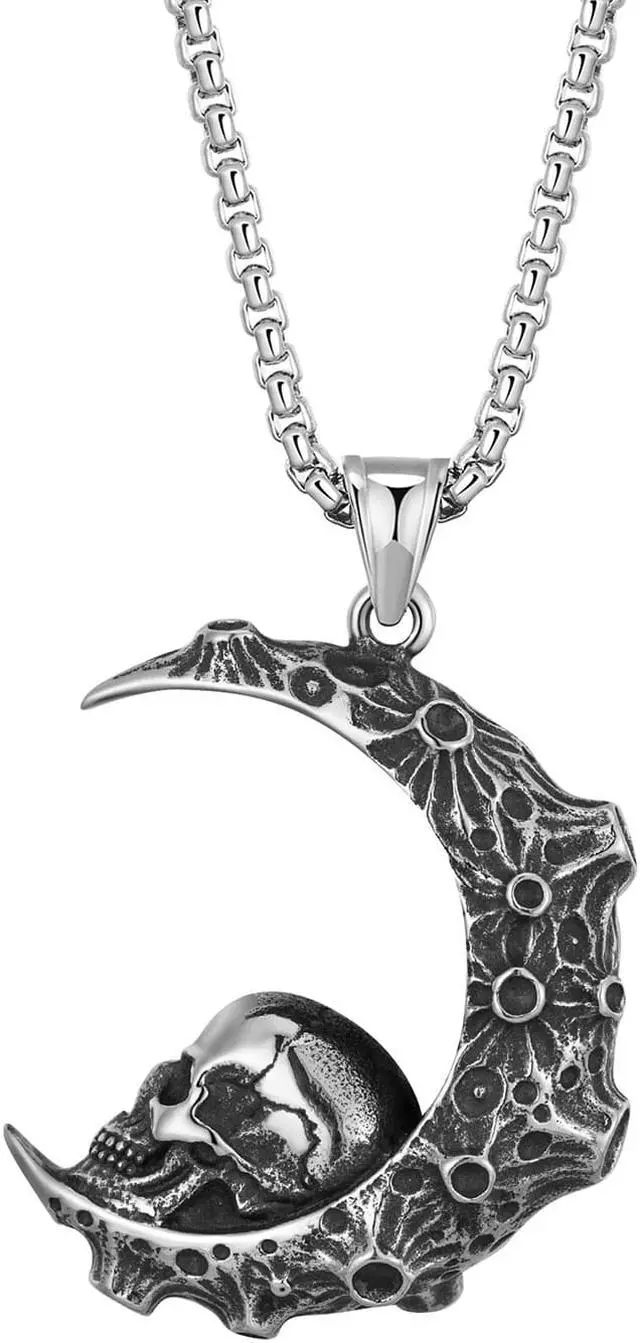 Main image of Stainless Steel Retro Moon Crescent Gothic Skull Necklace Biker Halloween Jewelry