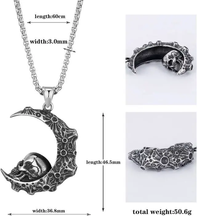 Alt view image 2 of 5 - Stainless Steel Retro Moon Crescent Gothic Skull Necklace Biker Halloween Jewelry