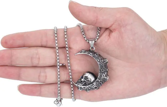 Alt view image 5 of 5 - Stainless Steel Retro Moon Crescent Gothic Skull Necklace Biker Halloween Jewelry
