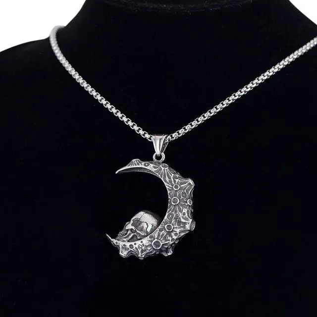 Alt view image 4 of 5 - Stainless Steel Retro Moon Crescent Gothic Skull Necklace Biker Halloween Jewelry