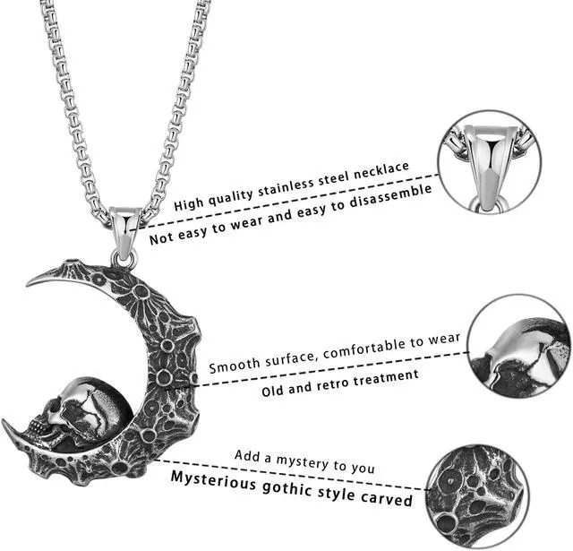 Alt view image 3 of 5 - Stainless Steel Retro Moon Crescent Gothic Skull Necklace Biker Halloween Jewelry
