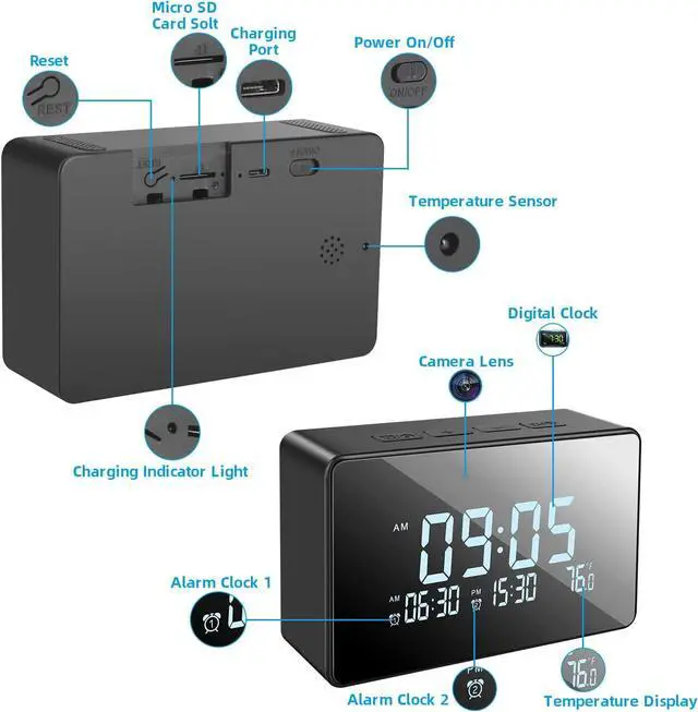 Alt view image 7 of 7 - Hidden Camera Clock, 1080P WiFi Streaming Spy Camera with Night Vision Sits in Small Desk Alarm Clock, 120° View Angle Nanny Cam with Remote View, Motion Detection Alert, Video Recording (2.4G Only)