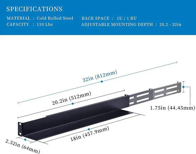Alt view image 2 of 7 - RackPath 1U 4-Post Server Rack Rail, 20.2-32 Inch Adjustable Depth - 110lbs Capacity