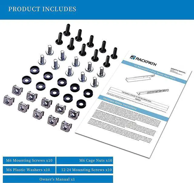 Alt view image 7 of 7 - RackPath 1U 4-Post Server Rack Rail, 20.2-32 Inch Adjustable Depth - 110lbs Capacity