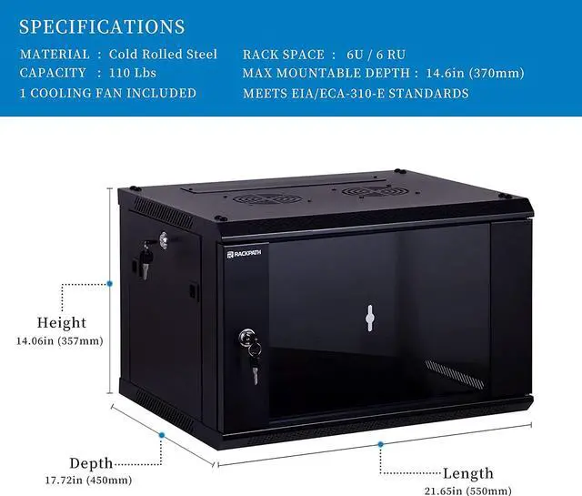Alt view image 2 of 7 - RackPath 6U Performance Wall Mount Server Cabinet Network Rack Enclosure, Quiet Cooling Fan, Locking Glass Door, Black