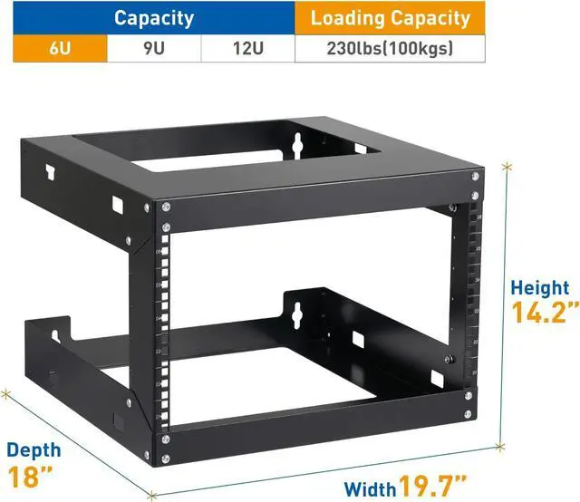 Alt view image 2 of 7 - 6U Wall Mount Rack Open Frame 19" Server Equipment 18 inches Depth Network Cabinet Black by Tedgetal