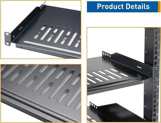 Alt view image 4 of 5 - Rack Shelf 1U Vented Server Rack Mount Cantilever Tray, 50 lbs, 12 inches Deep, Black