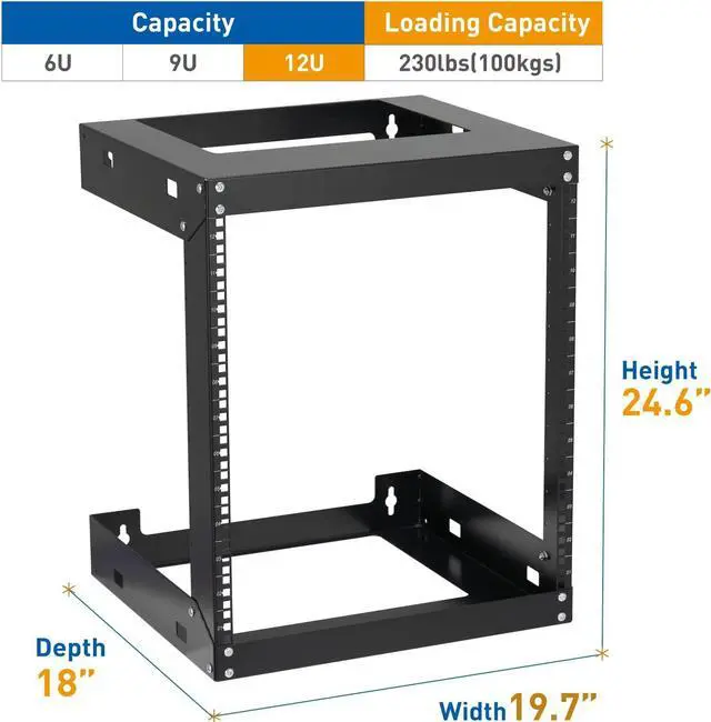 Alt view image 2 of 7 - 12U Wall Mount Rack Open Frame 19" Server Equipment 18 inches Depth 2 Post Network Cabinet by Tedgetal