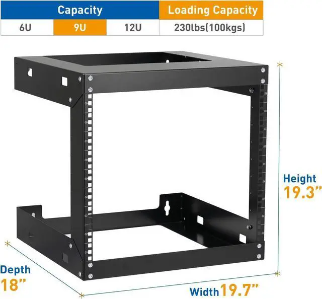 Alt view image 2 of 7 - 9U Wall Mount Rack Open Frame 19 Inch Server Equipment 2 Post Network Cabinet 18 inches Depth Black by Tedgetal