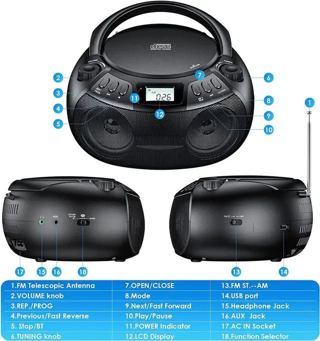 Alt view image 7 of 7 - CD Player Boombox with Bluetooth Boombox AM/FM Radio USB Port Portable CD Player Stereo Sound Speaker MP3 Playback 3.5mm AUX Input Headphone Jack LCD Display CD-R CD-RW MP3WMA Playback