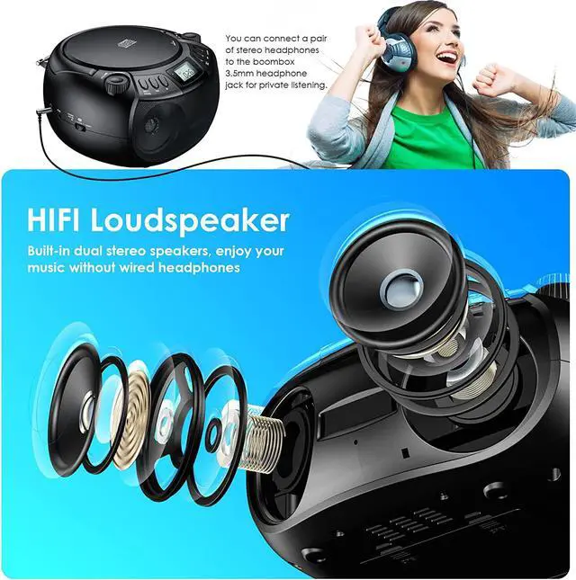 Alt view image 5 of 7 - CD Player Boombox with Bluetooth Boombox AM/FM Radio USB Port Portable CD Player Stereo Sound Speaker MP3 Playback 3.5mm AUX Input Headphone Jack LCD Display CD-R CD-RW MP3WMA Playback