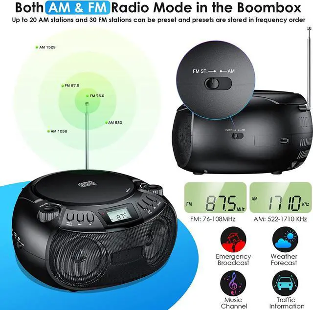 Alt view image 3 of 7 - CD Player Boombox with Bluetooth Boombox AM/FM Radio USB Port Portable CD Player Stereo Sound Speaker MP3 Playback 3.5mm AUX Input Headphone Jack LCD Display CD-R CD-RW MP3WMA Playback