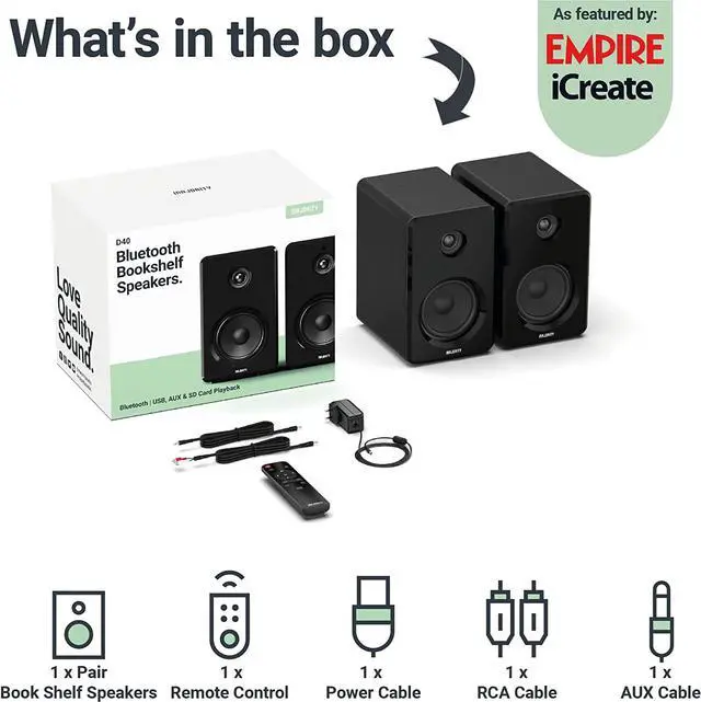 Alt view image 6 of 7 - Majority D40 Active Bookshelf Speakers | Powered Stereo Studio Speakers | Powerful Amplified 2.0 Channel Sound | Bluetooth, Optical, RCA, USB & Aux Playback | Digital Controls | HiFi Speakers