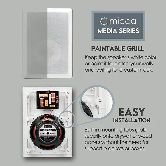 Alt view image 2 of 6 - Micca M-8S 2-Way in-Wall Speaker, 10.0"(W) by 14.1"(H) Cutout, Home Theater, Whole House Audio, Indoor or Covered Outdoor, 8" Woofer, 1" Tweeter, White, Paintable, Each