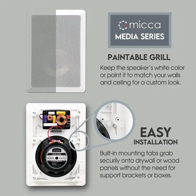 Alt view image 2 of 6 - Micca M-6S 2-Way in-Wall Speaker, 7.3"(W) by 10.7"(H) Cutout, Home Theater, Whole House Audio, Indoor or Covered Outdoor, 6.5" Woofer, 1" Tweeter, White, Paintable, Each
