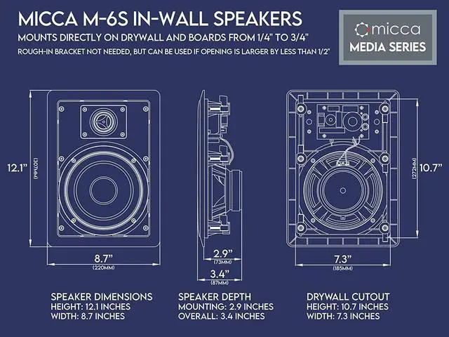 Alt view image 5 of 6 - Micca M-6S 2-Way in-Wall Speaker, 7.3"(W) by 10.7"(H) Cutout, Home Theater, Whole House Audio, Indoor or Covered Outdoor, 6.5" Woofer, 1" Tweeter, White, Paintable, Each