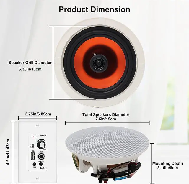 Alt view image 6 of 7 - Herdio 6.5 inch Bluetooth Ceiling Speakers with in Wall Amplifier for Home,Covered Outdoor Ceiling Speakers Bluetooth Wireless System(A Pair)