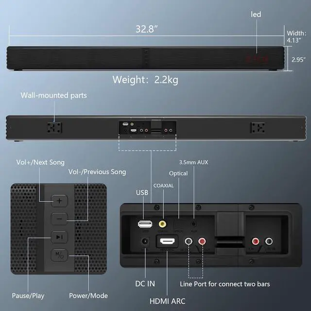 Alt view image 6 of 7 - 2.2 CH Sound Bars for TV, Peak Power 140W Dual Bass Subwoofer, 3D Surround Sound System, 32 Inch Home Theater Audio Soundbar, HDMI ARC Connection, 2 in 1 Detachable & Wall Mountable