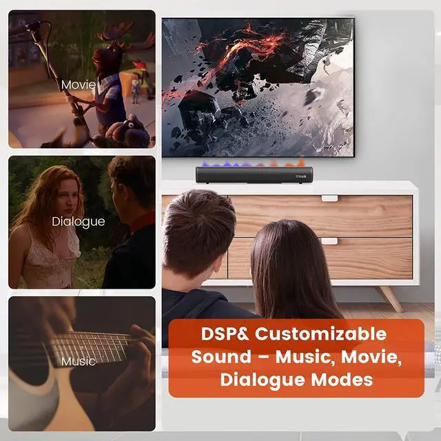 Alt view image 4 of 7 - HDMI Sound Bar for TV, Bluetooth Small TV Soundbar Speaker, Optical/HDMI/Aux/Coax/USB/Bluetooth Connection for TV, PC, Projectors, Includes Remote Control, 16 inch