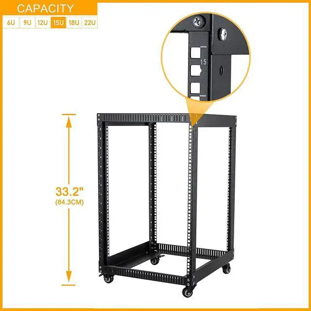 Alt view image 6 of 7 - RIVECO 15U Server Rack Floor Standing Open Frame with Wheels- 19-inch 4 Post Quick Assembly AV Rack Network Heavy Duty Durable Black