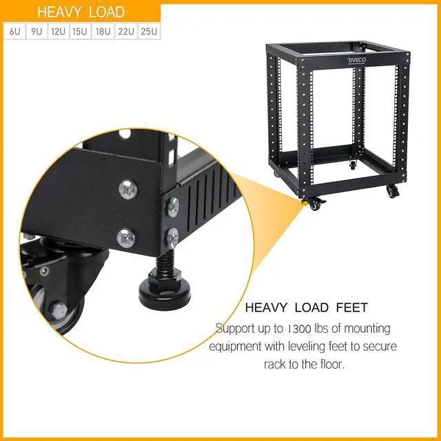 Alt view image 5 of 7 - RIVECO 15U Server Rack Floor Standing Open Frame with Wheels- 19-inch 4 Post Quick Assembly AV Rack Network Heavy Duty Durable Black