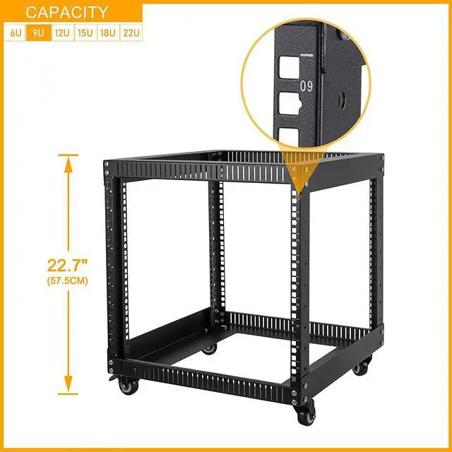 Alt view image 6 of 7 - RIVECO 9U Open Frame Server Rack with Casters- Heavy Duty 4 Post Quick Assembly 19-inch, Stereo Rack Network Cabinet Black