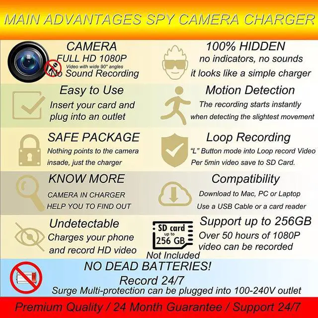 Alt view image 4 of 7 - Spy Camera Charger, Viiwuu Full HD 1080P Video Spy Camera Nanny Cam Surveillance Camera USB Charger Camera Spy Cam Motion Monitoring Hidden Camera for Home Business Spy Camera Charger Hidden Cameras