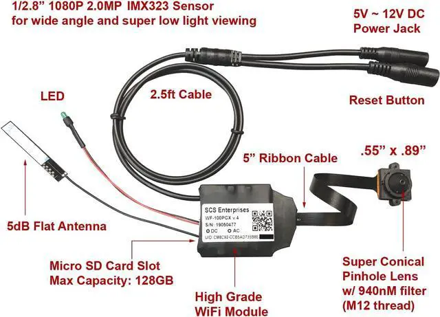 Alt view image 2 of 5 - 1080p IMX323 Chip Super Low Light Wireless Spy Camera with WiFi Digital IP Signal, Recording & Remote Internet Access (Hide-it-Yourself, Super conical pinhole Lens
