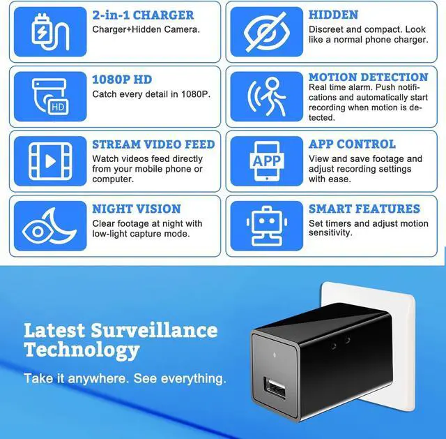 Alt view image 2 of 5 - 1080P WiFi Hidden Spy Camera USB Charger Wireless Mini Nanny Camera Home Security Surveillance Small HD Monitoring Camera with Motion Detection Remote App Control