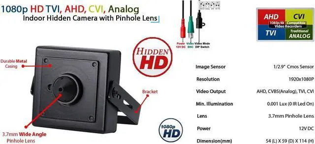 Alt view image 3 of 7 - Evertech 1080p HD 4in1 AHD TVI CVI, Analog Indoor Mini Hidden Camera with Wide Angle Pinhole Lens