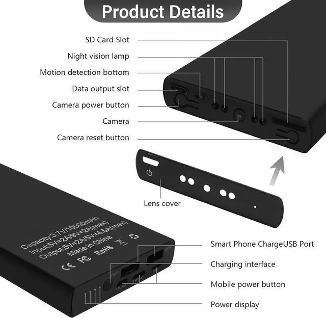 Alt view image 7 of 7 - Spy Camera, Hidden Camera Power Bank Camera,1080P 10000mAh Portable Charger Mini Camera, Home Security Wireless Nanny Cam, Video Recording for Motion Detection/Night Vision, No WiFi Function