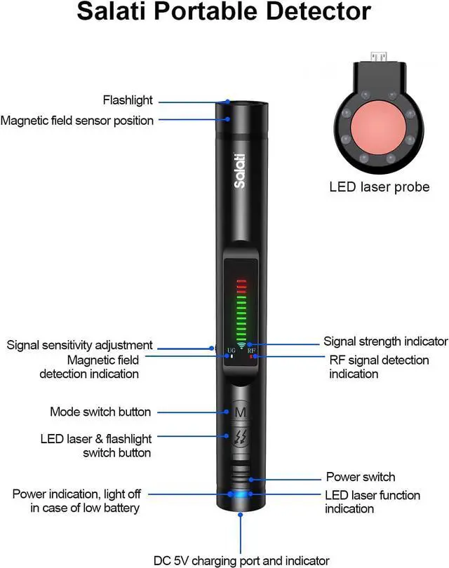 Alt view image 7 of 7 - Anti Spy Detector, Salati Hidden Camera Detectors, Bug Detector, RF Signal Detector for GPS Tracker Camera Listening Devices, with 12 Levels Sensitivity and 4 Modes, for Home Office Travel