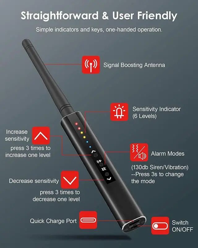 Alt view image 2 of 7 - Hidden Camera Detectors-Anti Spy Detector for Wireless Audio Bug Camera, Bug Detector, GPS Tracker, Smoke Detector Privacy Protector, 6 Levels Sensitivity, 24H Working Time, Home Office Travel