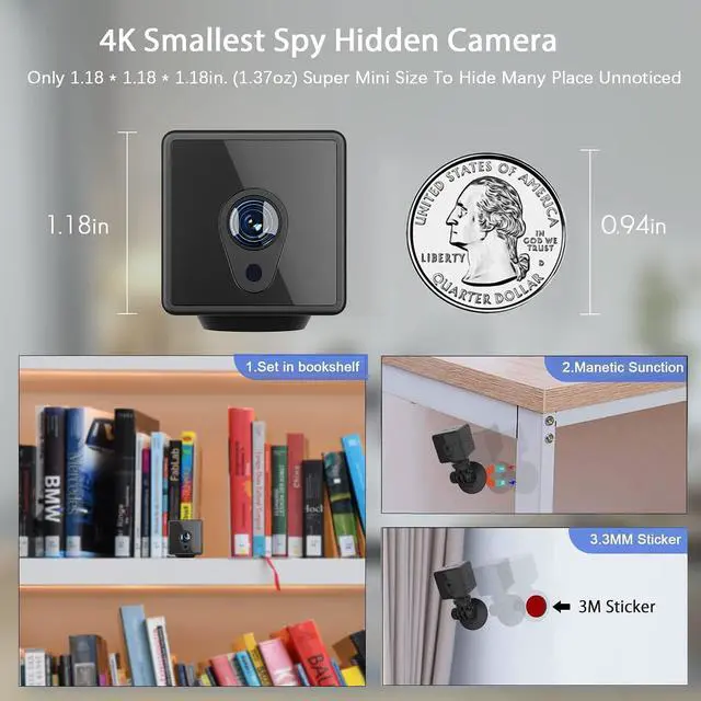 Alt view image 2 of 7 - Hidden Camera with Audio Live Feed WiFi, Mini Spy Camera with Audio, Jayol HD 4K Wireless Hidden Live Stream, Night Vision and Motion Activated Spy Cam Nanny Cam, Security Camera for Home and Outdoor