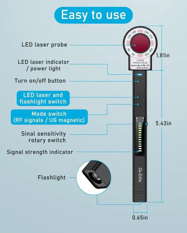 Alt view image 6 of 7 - VOIVEY G8 Elite Hidden Camera Detectors, RF Bug Detector, GPS Tracker Finder, Anti Spy Detector for Wireless Listening Device, 12 Levels Sensitivity, Portable Pen Shape for Hotels, Office, Travel
