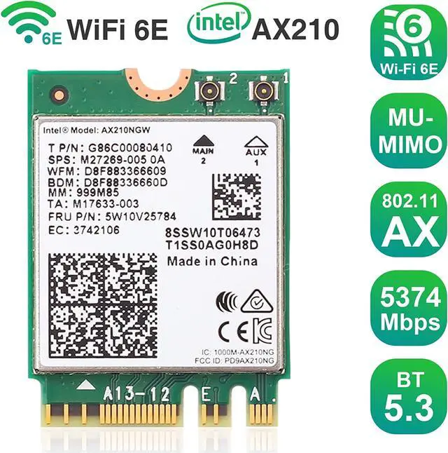 Alt view image 2 of 7 - AX210NGW Wi-Fi 6E Card Bluetooth 5.3 Tri-Band 5400Mbps to 6GHz Network Adapter 802.11AX MU-MIMO Wireless Module Expand for Laptop, Support Windows 10/11 64bit, M.2/NGFF