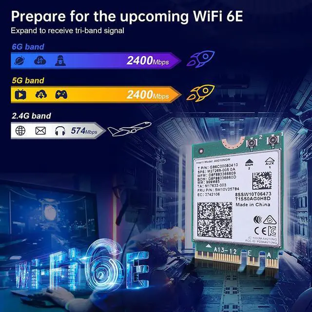 Alt view image 3 of 7 - AX210NGW Wi-Fi 6E Card Bluetooth 5.3 Tri-Band 5400Mbps to 6GHz Network Adapter 802.11AX MU-MIMO Wireless Module Expand for Laptop, Support Windows 10/11 64bit, M.2/NGFF