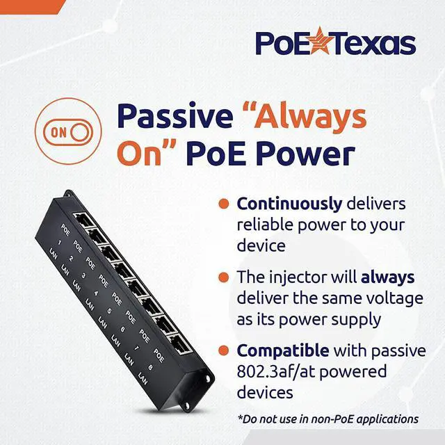 Alt view image 5 of 7 - PoE Texas 8 Port PoE Injector - 8 Port PoE Adapter - Add Power Over Ethernet for Passive Devices - 10/100 Data Rate for PTZ, IP Camera Video Security System, VoIP Phone, WiFi Access Point (POE-8-ENC)