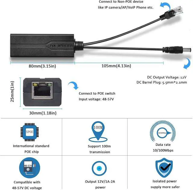 Alt view image 4 of 6 - Active PoE Power Over Ethernet Splitter Adapter 48V to 12V, 5.5x2.1mm DC, IEEE 802.3AF/at Compliant 10/100Mbps PoE Splitter with 12V Output for Surveillance Camera CCTV & VoIP Phone, 2 Pack