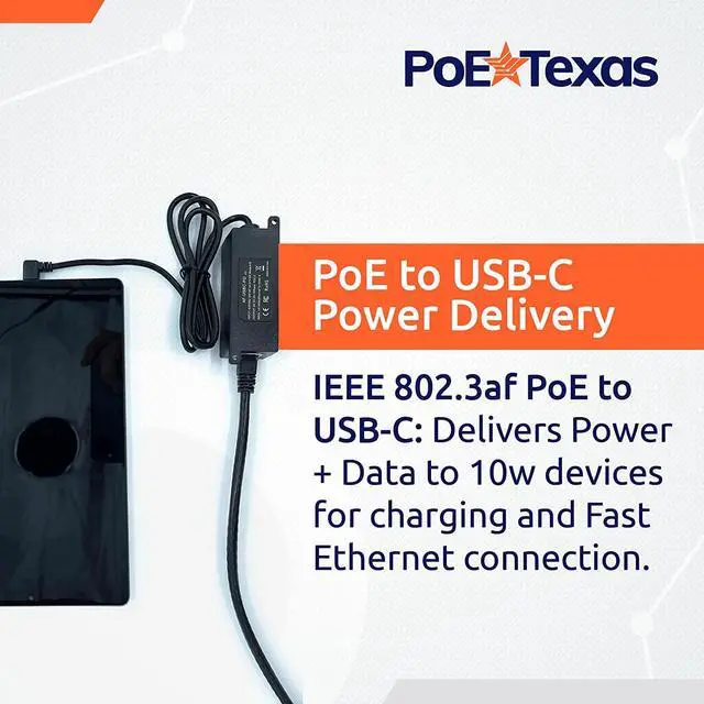 Alt view image 2 of 6 - PoE Texas IEEE 802.3af PoE to USB-C Power and 10/100 Data with Power Delivery - Use Power Over Ethernet from A Network Switch to Charge Apple iPad mini 3, iPad Air, Samsung Tab S7 Lite and More