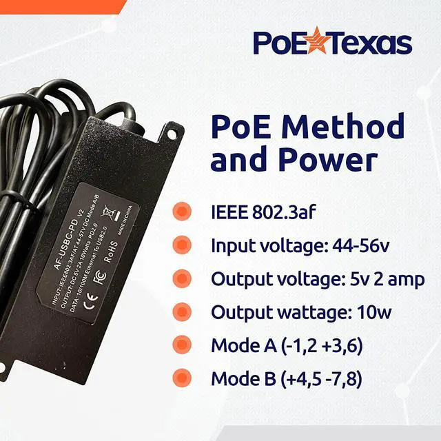 Alt view image 3 of 6 - PoE Texas IEEE 802.3af PoE to USB-C Power and 10/100 Data with Power Delivery - Use Power Over Ethernet from A Network Switch to Charge Apple iPad mini 3, iPad Air, Samsung Tab S7 Lite and More