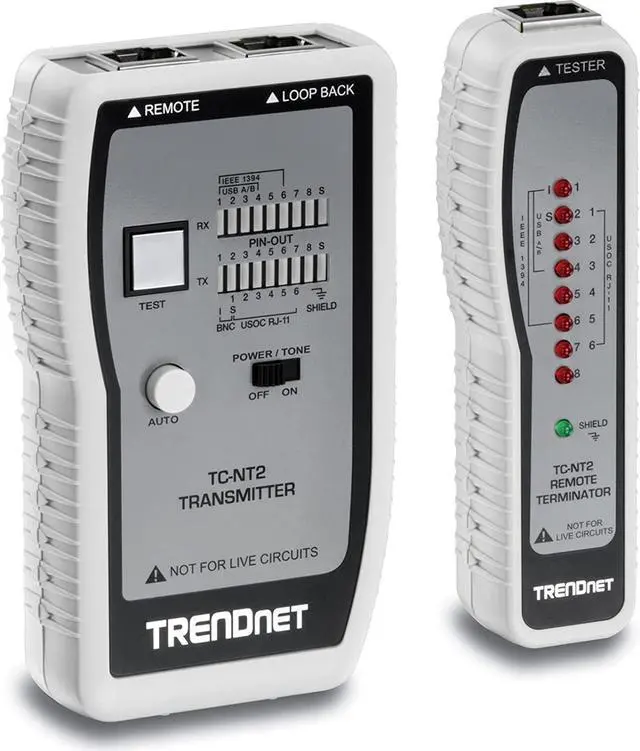 Main image of Network Cable Tester, Tests Ethernet, USB and BNC Cables, Accurately Test Pin Configurations up to 300m (984 ft), Local and Remote Testing, Includes BNC to Ethernet Converters, White, TC-NT2