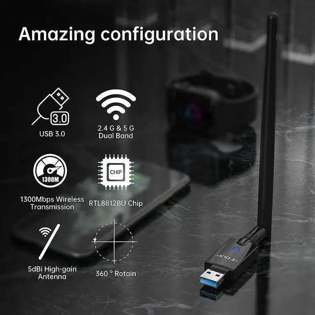 Alt view image 5 of 7 - EDUP AC1300M USB 3.0 WiFi Adapter with 5dBi Dual Band 2.4G/5.8Ghz Antenna Compatible with Windows 11/ 10/ 7 /8 /8.1 /XP, Mac OS X 10.6-10.15
