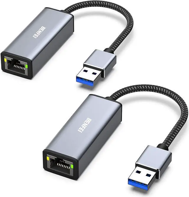 Main image of BENFEI Ethernet Adapter 2 Pack, USB 3.0 to RJ45 1000Mbps Gigabit LAN Adapter Compatible for MacBook, Surface Pro, PC with Windows11/10/8/7, XP, Vista, Mac[Aluminium Shell&Nylon Cable]